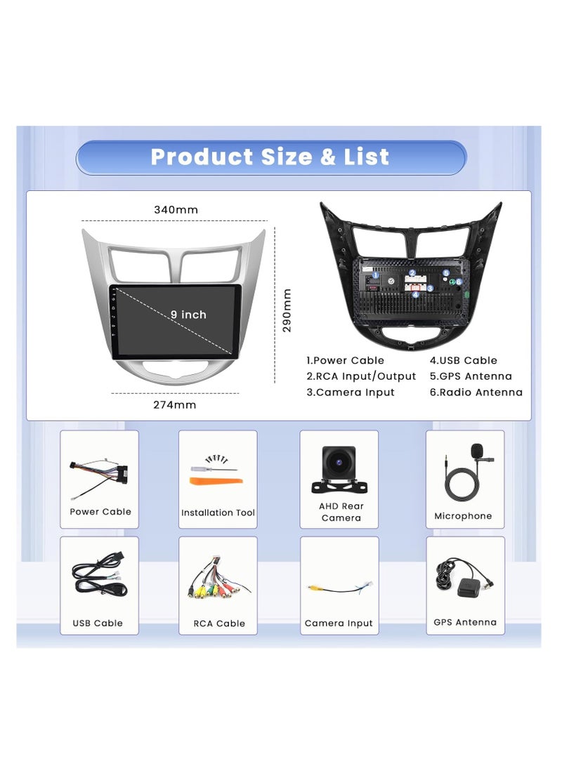 [4+64G] Android Car Stereo for Hyundai Accent Verna Solaris 2010-2016, 9" IPS Touch Screen Radio with Wireless Carplay & Android Auto, GPS Navigation, WiFi, Backup Camera, Bluetooth, DSP, FM, 59UI - Image 3