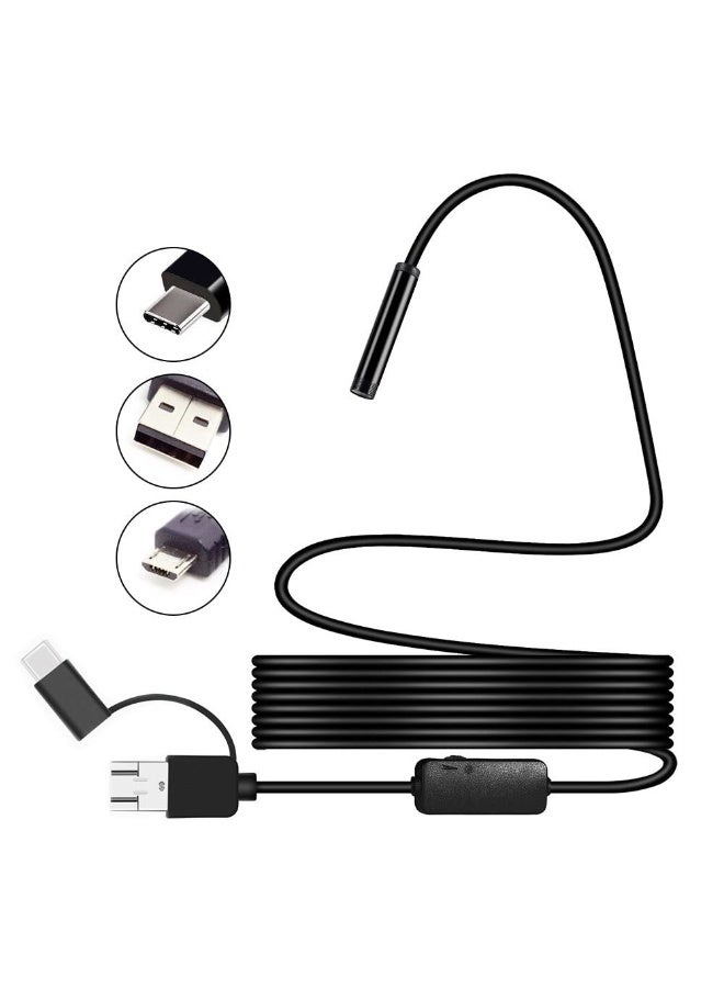 شابية كاميرا منظار داخلي صغيرة 5.5 ملم، رؤية ليلية، مقاومة للماء بمعيار IP67، منفذ Micro USB وType-C 3 في 1، منظار داخلي للأندرويد، مناسبة لفحص الهواتف وأجهزة الكمبيوتر والسيارات (أسود) - Image 1