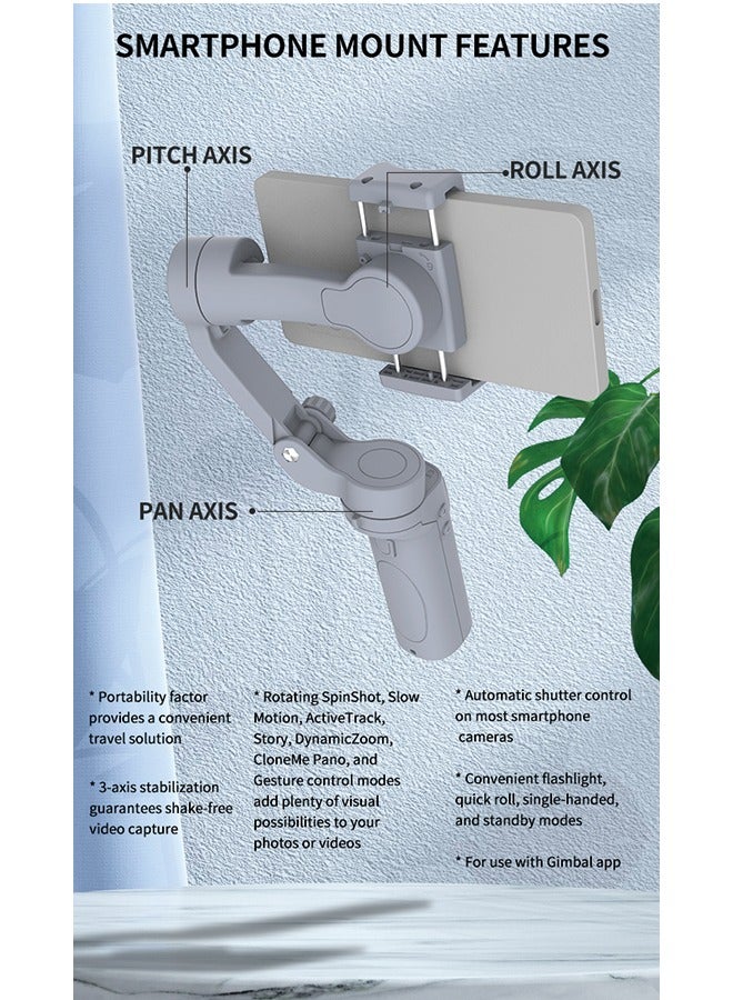 F5 3-Axis Foldable Stabilizer with App Control - Gray White, Compact & Lightweight, 252x121x54mm (Open), 148x108x42mm (Folded), 290g, 150°/s Rotation, Type-C USB Charging, 6-7 Hours Working Time