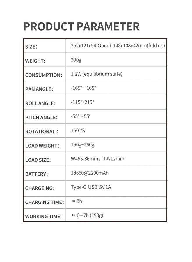 F5 3-Axis Foldable Stabilizer with App Control - Gray White, Compact & Lightweight, 252x121x54mm (Open), 148x108x42mm (Folded), 290g, 150°/s Rotation, Type-C USB Charging, 6-7 Hours Working Time