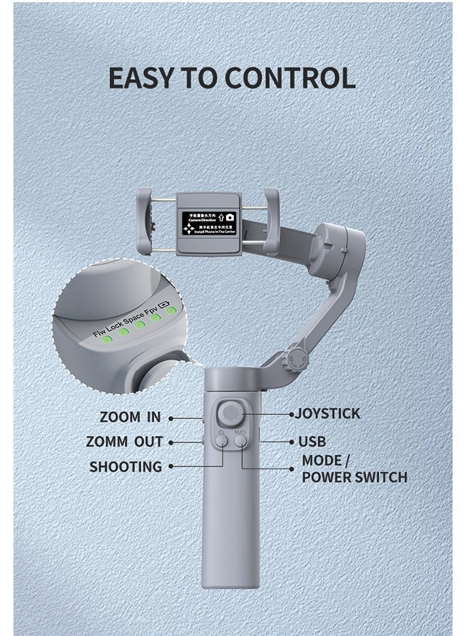 F5 3-Axis Foldable Stabilizer with App Control - Gray White, Compact & Lightweight, 252x121x54mm (Open), 148x108x42mm (Folded), 290g, 150°/s Rotation, Type-C USB Charging, 6-7 Hours Working Time
