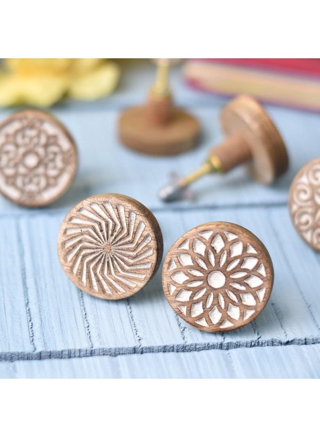 Indian-Shelf IndianShelf 6 Pieces Wooden Cabinet Knobs, Boho Drawer Pulls, Round Floral Knobs for Dresser, Polished Brown  - Image 2