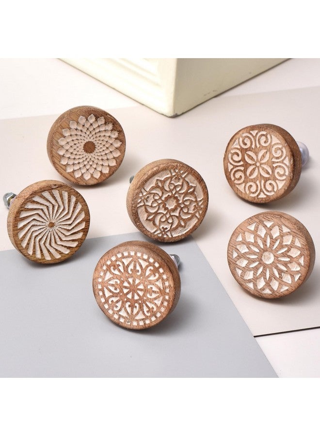 Indian-Shelf IndianShelf 6 Pieces Wooden Cabinet Knobs, Boho Drawer Pulls, Round Floral Knobs for Dresser, Polished Brown  - Image 3
