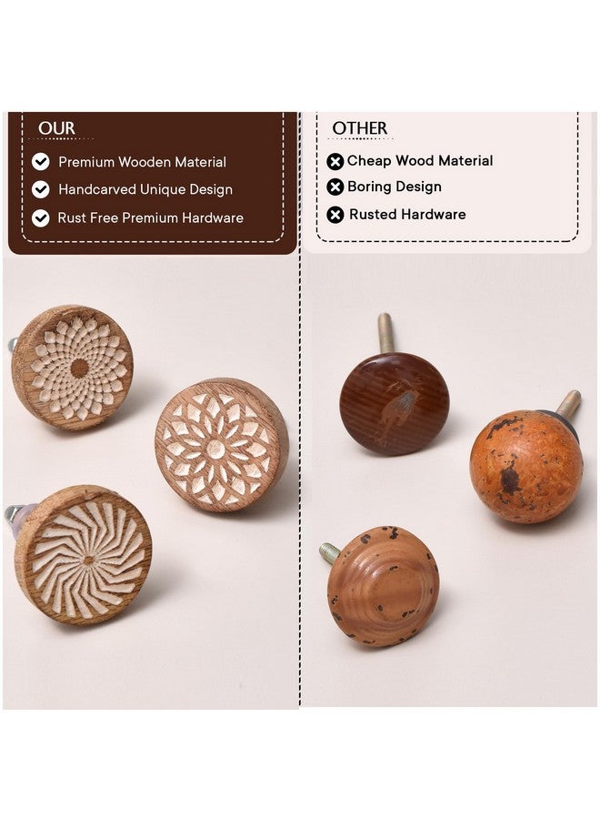 Indian-Shelf IndianShelf 6 Pieces Wooden Cabinet Knobs, Boho Drawer Pulls, Round Floral Knobs for Dresser, Polished Brown  - Image 4