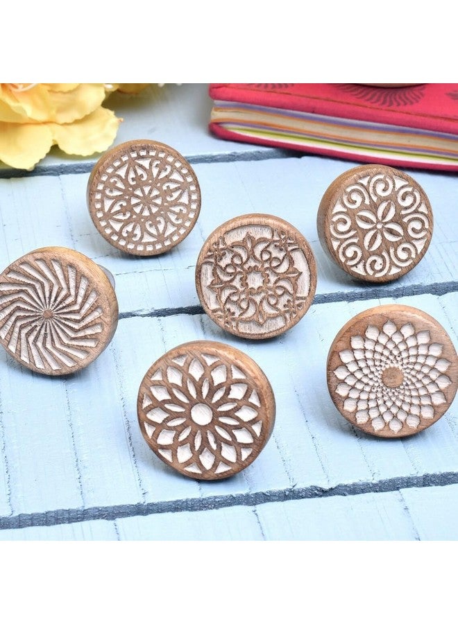 Indian-Shelf IndianShelf 6 Pieces Wooden Cabinet Knobs, Boho Drawer Pulls, Round Floral Knobs for Dresser, Polished Brown  - Image 1