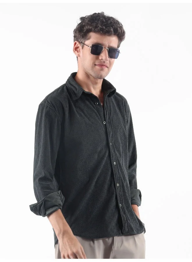 Beyoung Dark Grey Lazer Cut Floral Textured Corduroy Shirt