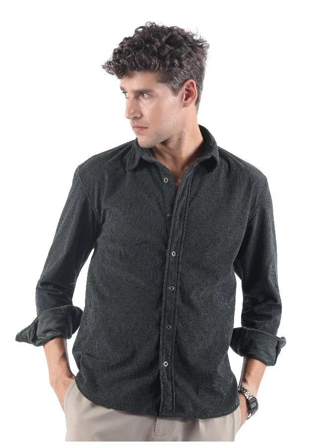 Beyoung Dark Grey Lazer Cut Floral Textured Corduroy Shirt
