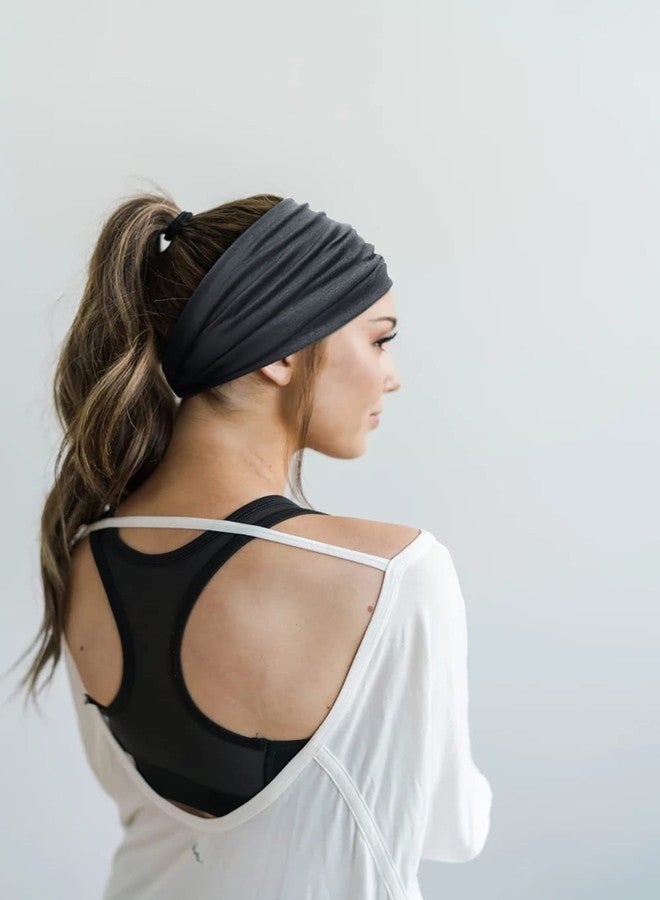 TERSE 2 Packs Headbands for Women Boho Extra Wide 7’’ Black Head Bands African Knotted Non Slip Fashion Hair Band Stretch Yoga Workout Running Gym Hairbands Turban Bandana for Girls (Black+Drak Grey) - Image 4
