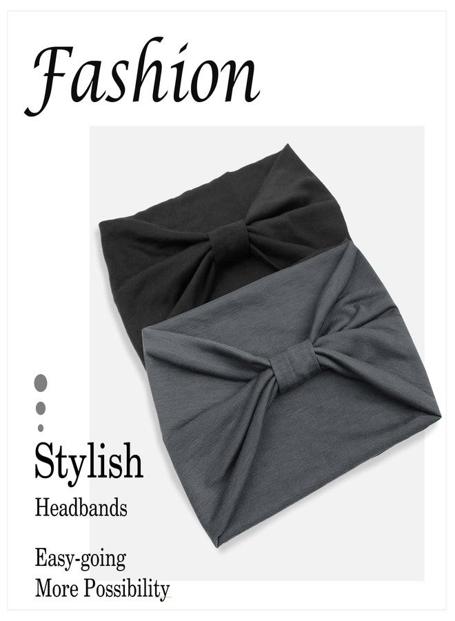 TERSE 2 Packs Headbands for Women Boho Extra Wide 7’’ Black Head Bands African Knotted Non Slip Fashion Hair Band Stretch Yoga Workout Running Gym Hairbands Turban Bandana for Girls (Black+Drak Grey) - Image 5