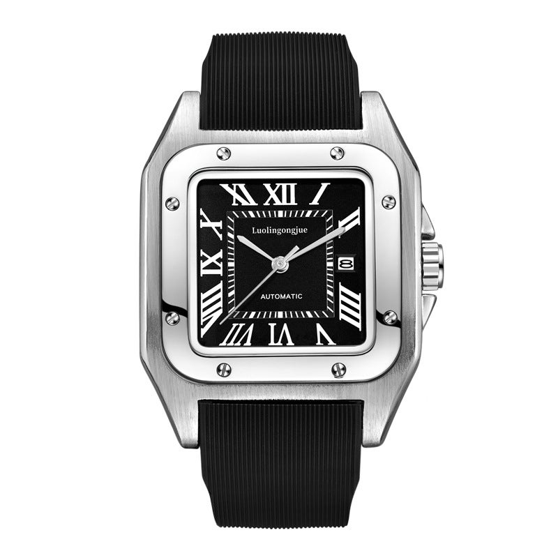 Hollow Stripe Santos Automatic Mens Waterproof WatchBlack with silver shell black surface Black with silver shell black surface 