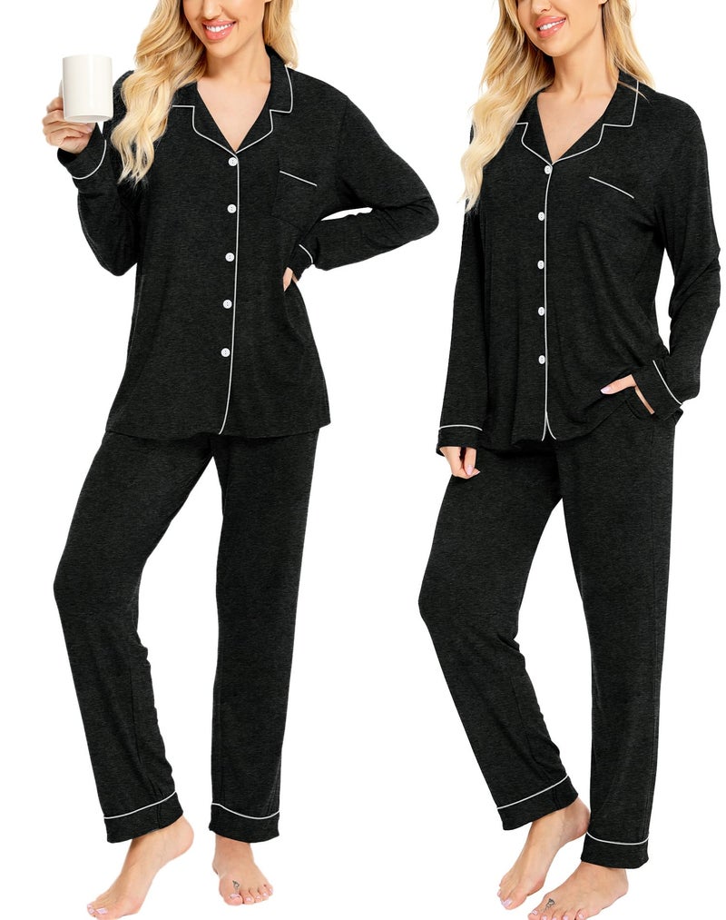 SWOMOG Womens Pajamas Set Long Sleeve Sleepwear Button Down Nightwear Soft Cotton Pj Lounge Sets with Pockets Black - Image 4