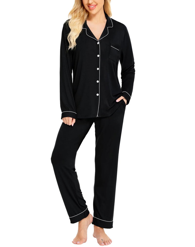 SWOMOG Womens Pajamas Set Long Sleeve Sleepwear Button Down Nightwear Soft Cotton Pj Lounge Sets with Pockets Black - Image 1