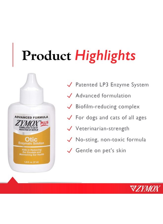 Zymox - Zymox Advanced Formula Otic Plus Enzymatic Ear Solution for Dogs and Cats Without Hydrocortisone, 1.25oz - Image 1