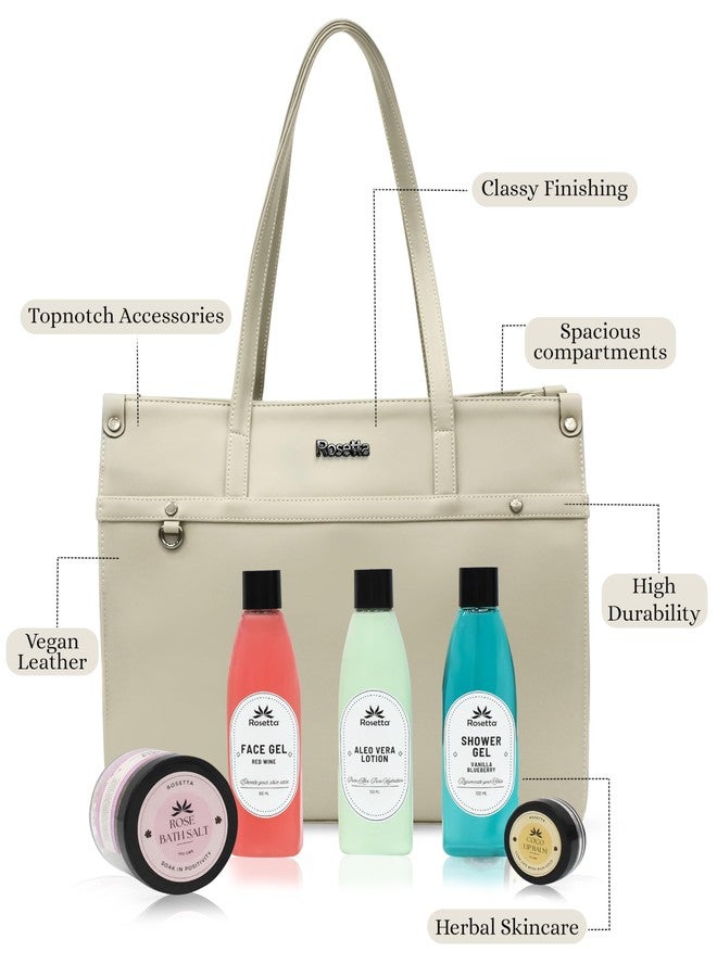 روزيتا مجموعة هدايا التجميل روزيتا 6 في 1 للنساء | حقيبة يد بيج مع جل للوجه، لوشن الصبار، جل استحمام، ملح استحمام ومرطب شفاه | مجموعة سبا فاخرة. - Image 5