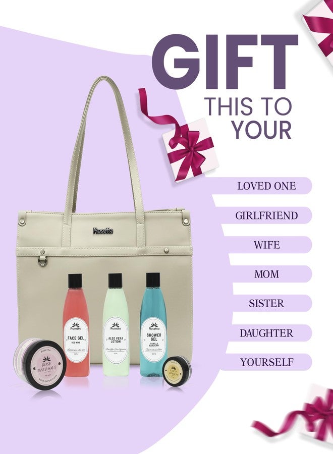 روزيتا مجموعة هدايا التجميل روزيتا 6 في 1 للنساء | حقيبة يد بيج مع جل للوجه، لوشن الصبار، جل استحمام، ملح استحمام ومرطب شفاه | مجموعة سبا فاخرة. - Image 3