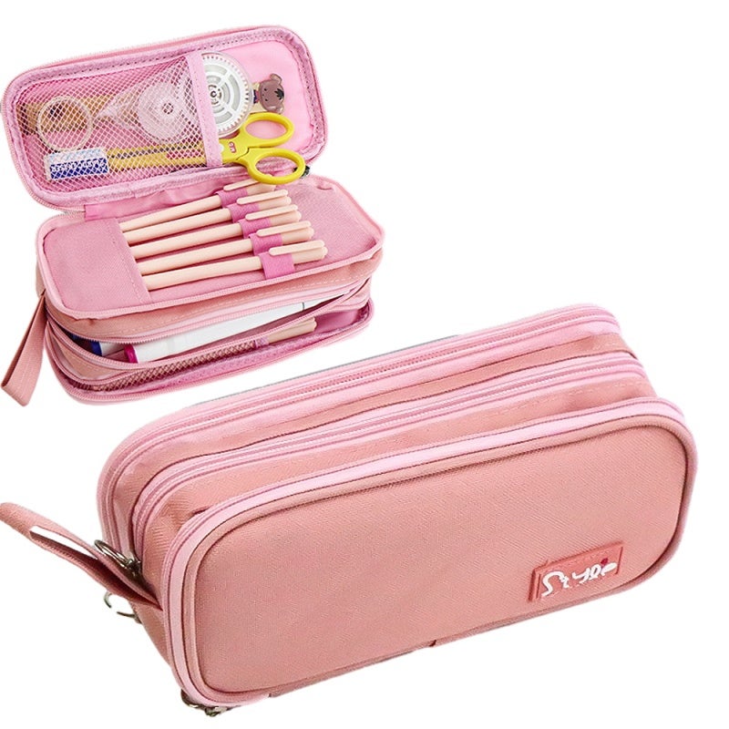 Pink Canvas Pencil Case - Large Capacity 100-Pen Storage, Durable Friction-Resistant Material, Smooth Secure Zipper Pencil Pouch for Students Artists Writers Professionals - Image 1