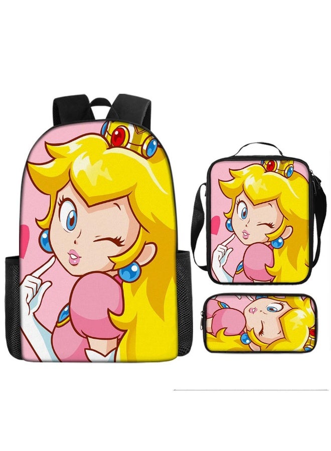 3 Pcs Princess Peach School Bag Satchel Pencil Case Animated Game Super Mario Gifts For Kids Birthday Gift Start Of School Gift - Image 1