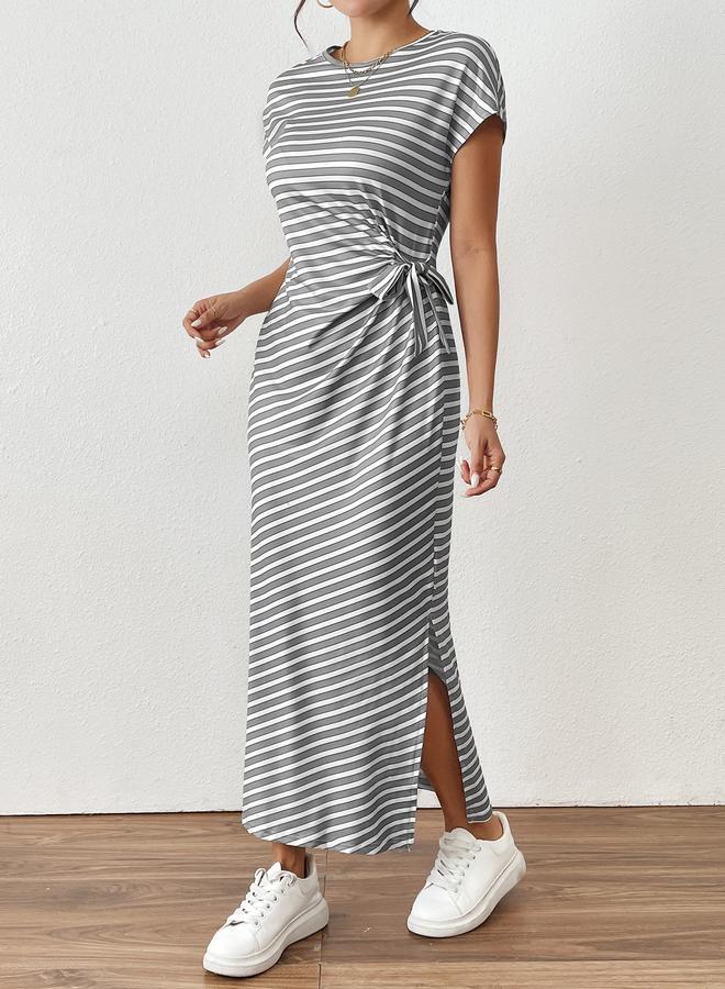 تايك تو فستان ميدي ضيق بتفاصيل ربط وفتحة جانبية مخططة - Image 3