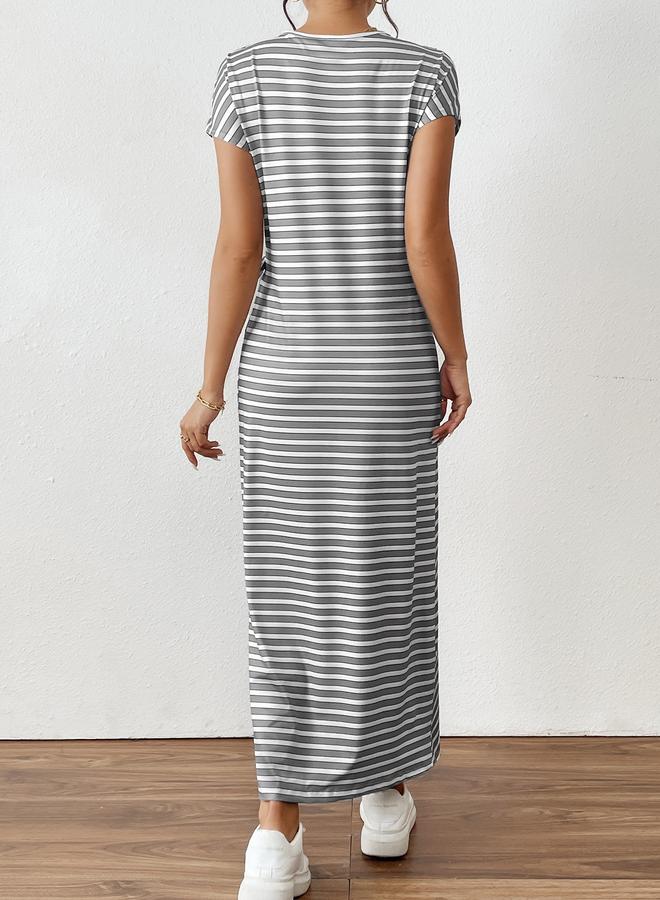 تايك تو فستان ميدي ضيق بتفاصيل ربط وفتحة جانبية مخططة - Image 2