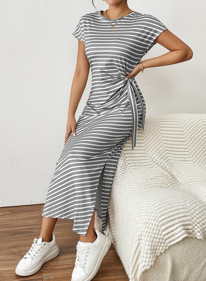 تايك تو فستان ميدي ضيق بتفاصيل ربط وفتحة جانبية مخططة - Image 5