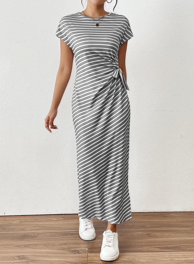 تايك تو فستان ميدي ضيق بتفاصيل ربط وفتحة جانبية مخططة - Image 4