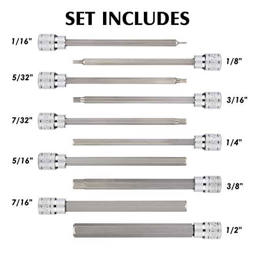 MIXPOWER 3/8 Inch Drive Long Hex Bit Socket Set, 1/16 Inch to 1/2 Inch, SAE, Extra Long Allen Hex Bit Socket Set, CR-V and S2 Steel, 10 Pieces - Image 2