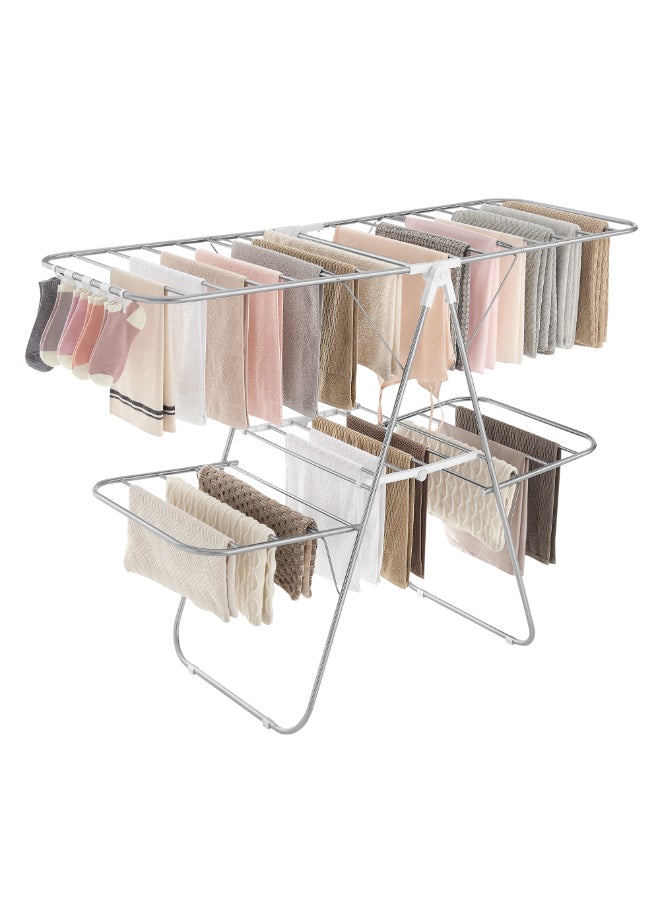 SONGMICS 2-Level Clothes Airer, Foldable Clothes Drying Rack, Laundry Rack with Height-Adjustable Wings, Free-Standing Clothes Horse, Indoor Outdoor Use, Bed Linen Clothing, Silver and White - Image 1