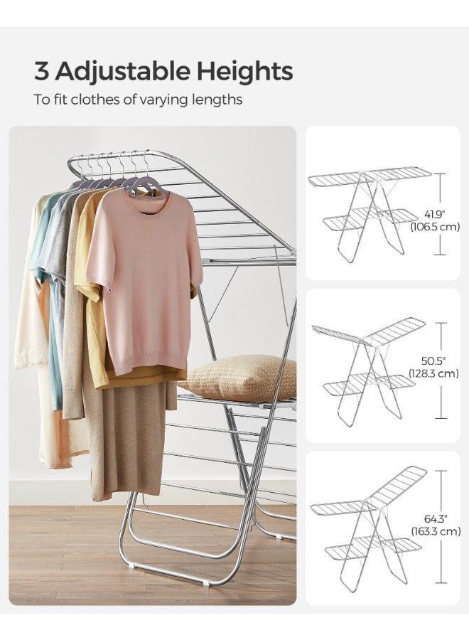SONGMICS 2-Level Clothes Airer, Foldable Clothes Drying Rack, Laundry Rack with Height-Adjustable Wings, Free-Standing Clothes Horse, Indoor Outdoor Use, Bed Linen Clothing, Silver and White - Image 5