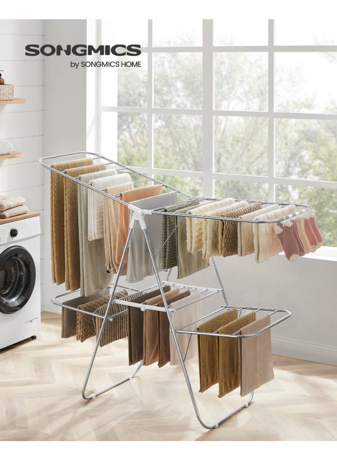 SONGMICS 2-Level Clothes Airer, Foldable Clothes Drying Rack, Laundry Rack with Height-Adjustable Wings, Free-Standing Clothes Horse, Indoor Outdoor Use, Bed Linen Clothing, Silver and White - Image 2
