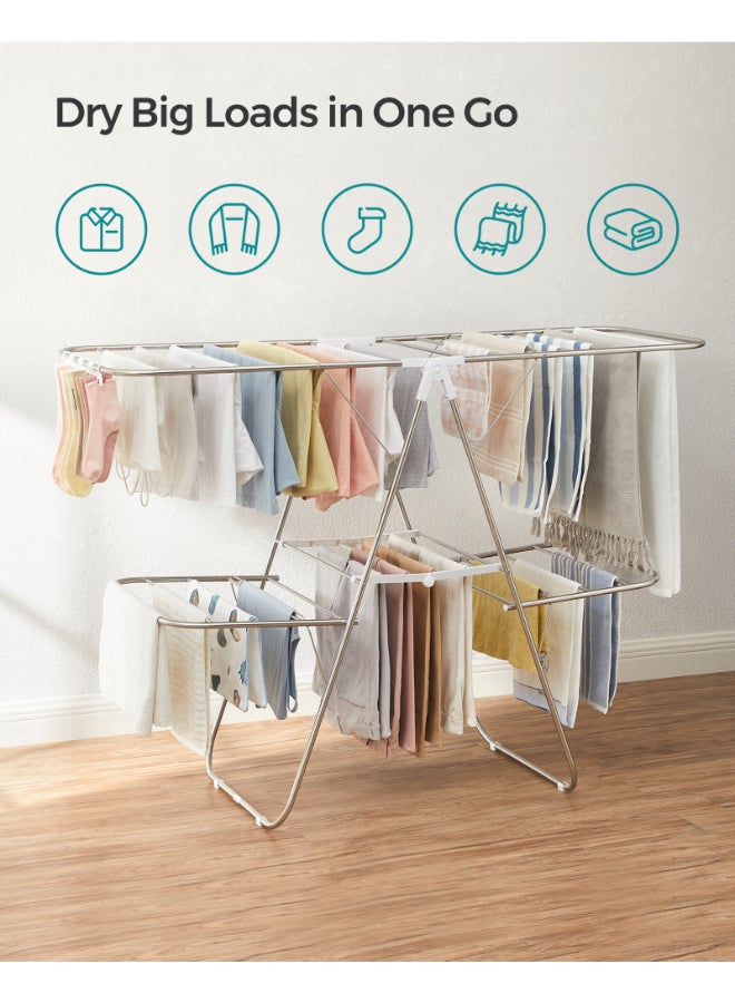 SONGMICS 2-Level Clothes Airer, Foldable Clothes Drying Rack, Laundry Rack with Height-Adjustable Wings, Free-Standing Clothes Horse, Indoor Outdoor Use, Bed Linen Clothing, Silver and White - Image 3