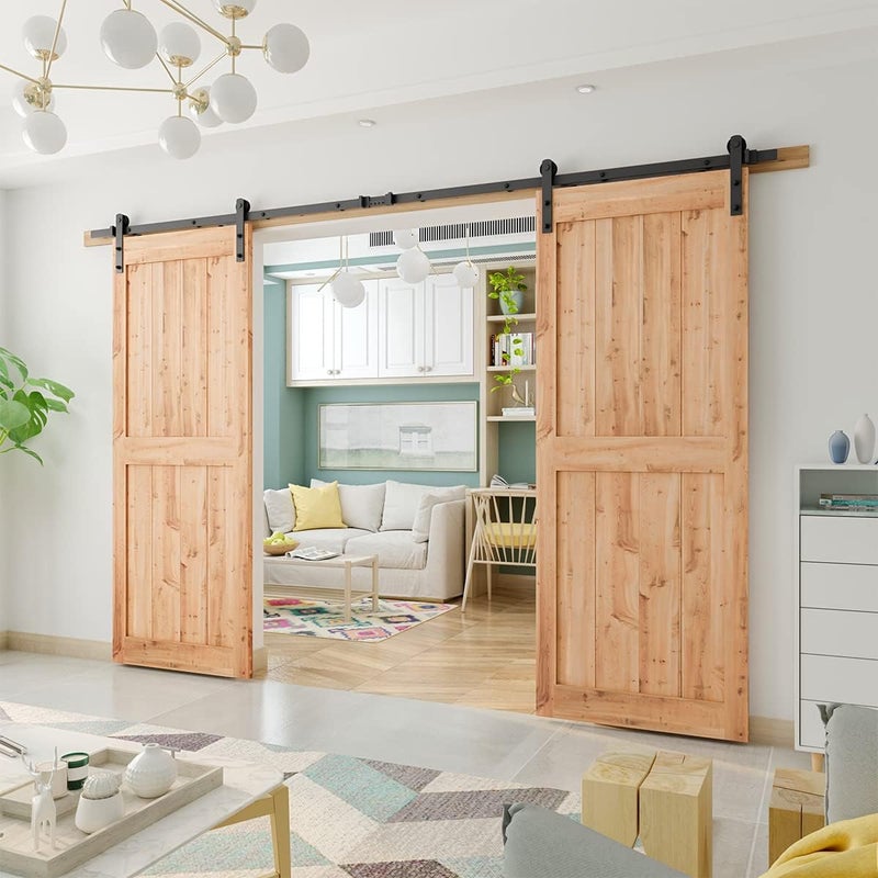 SMARTSTANDARD 11ft Heavy Duty Sturdy Double Sliding Barn Door Hardware Kit -Smoothly and Quietly -Easy to Install -Includes Installation Instruction Fit 33" Wide Door Panel (I Shape Hanger) - Image 2