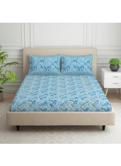 Spaces 100% Cotton Double Bedsheet with 2 Pillow Covers (Size 88 x 100 inch) | 132 TC Bed Sheet for Double Bed | Breathable Pure Cotton Queen Size Bedsheet | Tropica | Floral Blue