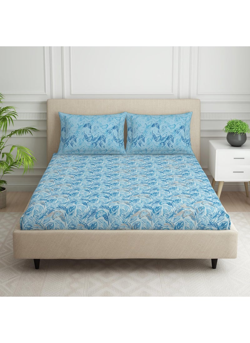 SPACES Spaces 100% Cotton Double Bedsheet with 2 Pillow Covers (Size 88 x 100 inch) | 132 TC Bed Sheet for Double Bed | Breathable Pure Cotton Queen Size Bedsheet | Tropica | Floral Blue  - Image 1