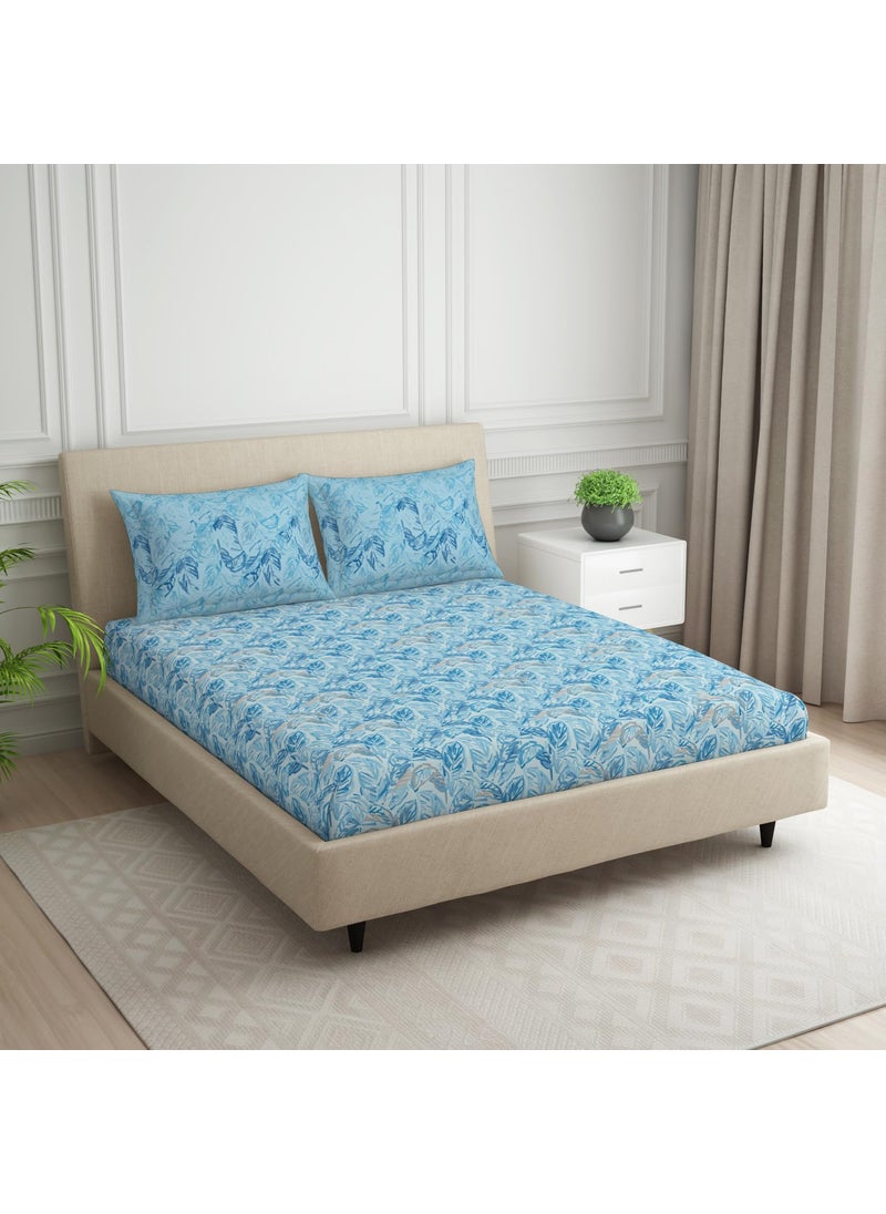 SPACES Spaces 100% Cotton Double Bedsheet with 2 Pillow Covers (Size 88 x 100 inch) | 132 TC Bed Sheet for Double Bed | Breathable Pure Cotton Queen Size Bedsheet | Tropica | Floral Blue  - Image 2