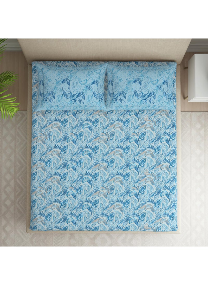 SPACES Spaces 100% Cotton Double Bedsheet with 2 Pillow Covers (Size 88 x 100 inch) | 132 TC Bed Sheet for Double Bed | Breathable Pure Cotton Queen Size Bedsheet | Tropica | Floral Blue  - Image 3