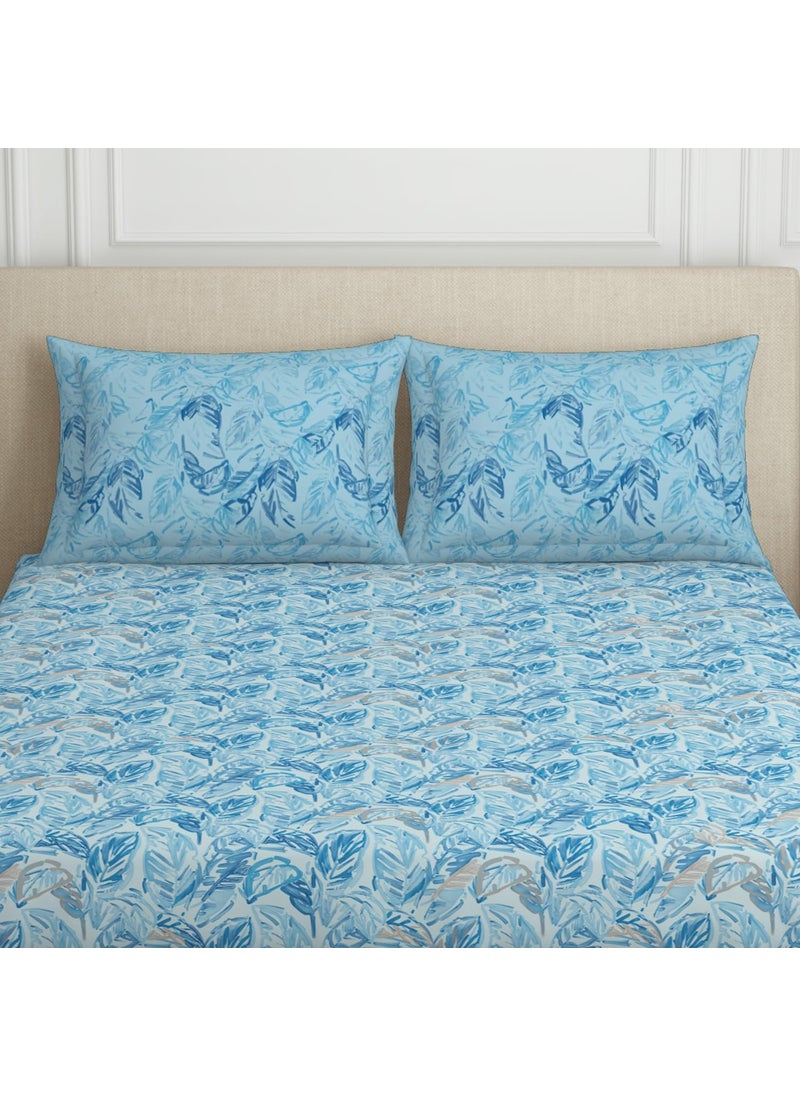 SPACES Spaces 100% Cotton Double Bedsheet with 2 Pillow Covers (Size 88 x 100 inch) | 132 TC Bed Sheet for Double Bed | Breathable Pure Cotton Queen Size Bedsheet | Tropica | Floral Blue  - Image 4