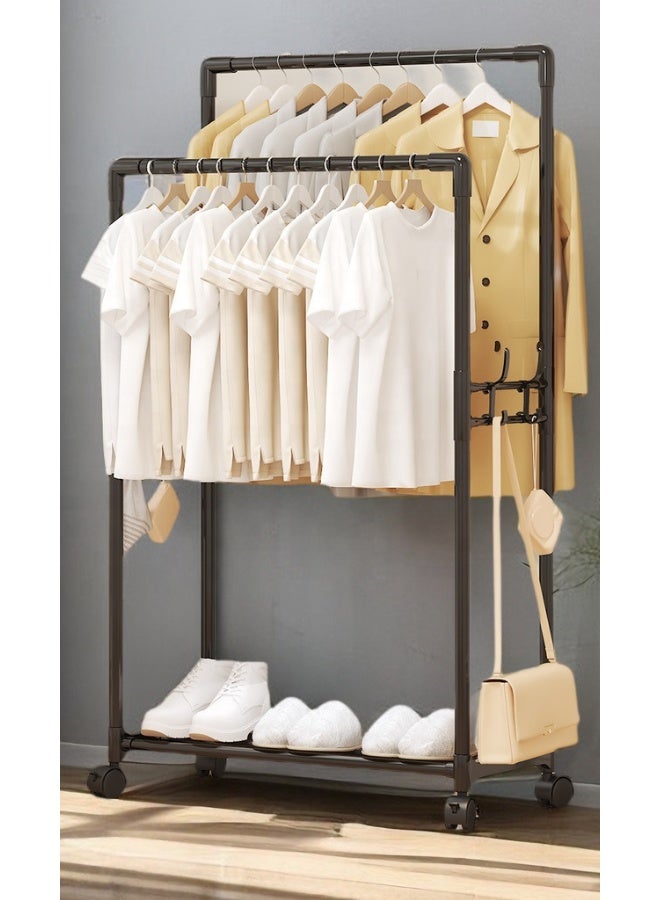 Adjustable Double Rod Clothes Rack with Wheels – Heavy-Duty Metal Garment Organizer, Rolling Clothing Rack for Hanging Clothes, Shoes, and Hats – Portable Wardrobe for Bedroom, Laundry & Living Room - Black - Image 1