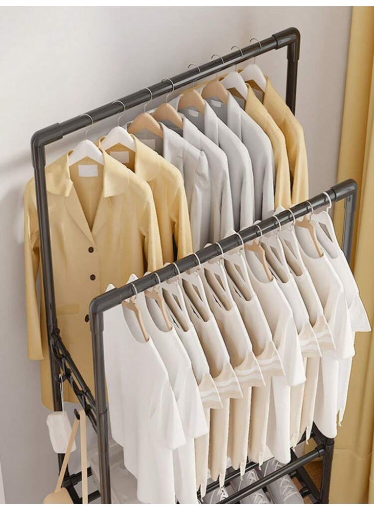 Adjustable Double Rod Clothes Rack with Wheels – Heavy-Duty Metal Garment Organizer, Rolling Clothing Rack for Hanging Clothes, Shoes, and Hats – Portable Wardrobe for Bedroom, Laundry & Living Room - Black - Image 3