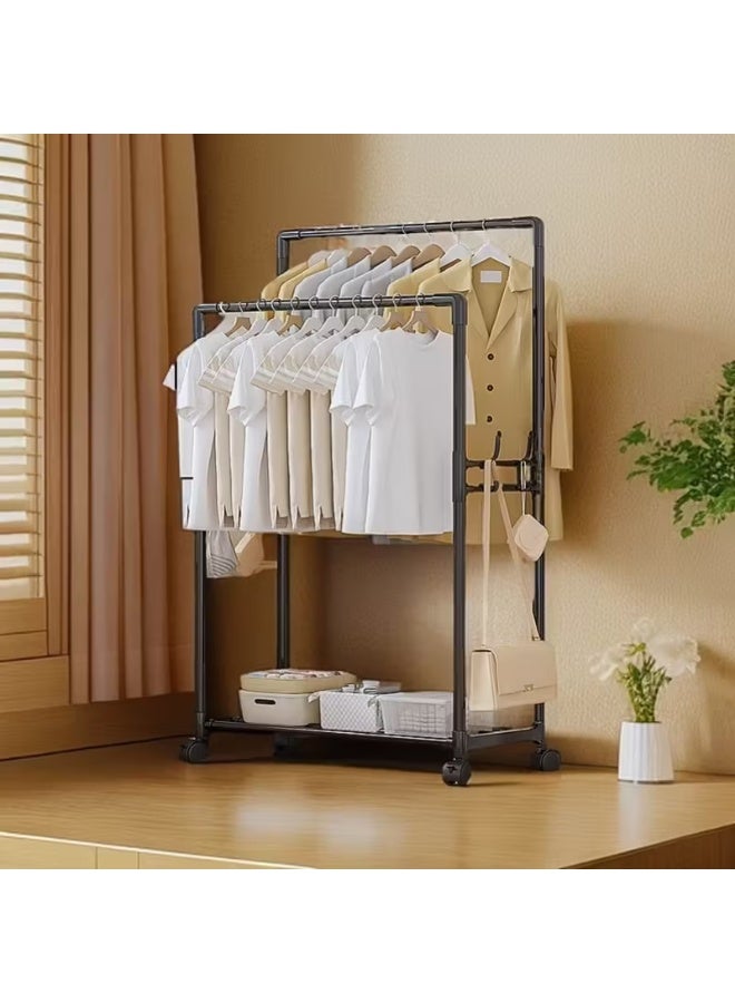 Adjustable Double Rod Clothes Rack with Wheels – Heavy-Duty Metal Garment Organizer, Rolling Clothing Rack for Hanging Clothes, Shoes, and Hats – Portable Wardrobe for Bedroom, Laundry & Living Room - Black - Image 4