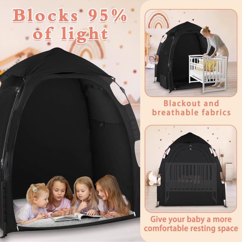 WANRU Blackout Tent for Pack and Play - Pack N Play Blackout Cover - 1-Click Setup Portable Sleep Pod with Monitor Pouch & 2 Fan Pouch, Black Out Tent Blocks 95% Light - Image 3
