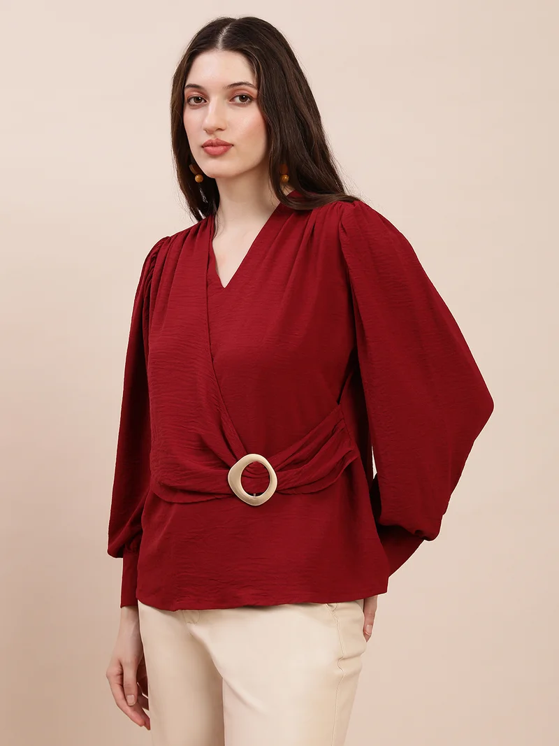 globus Globus Women Maroon V-Neck Cuff Sleeves Self Design Buckle Detail Workwear Top