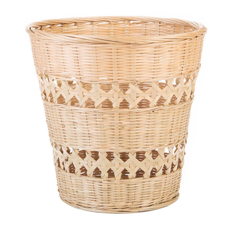 woobles Bamboo Woven Wastebasket Round Trash Can Wicker Waste Basket Garbage Container Bin for Bathrooms Kitchens Home Offices (Wood Color) - Image 1