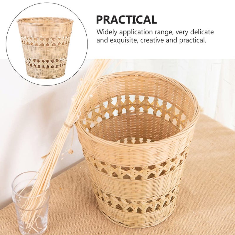 woobles Bamboo Woven Wastebasket Round Trash Can Wicker Waste Basket Garbage Container Bin for Bathrooms Kitchens Home Offices (Wood Color) - Image 5