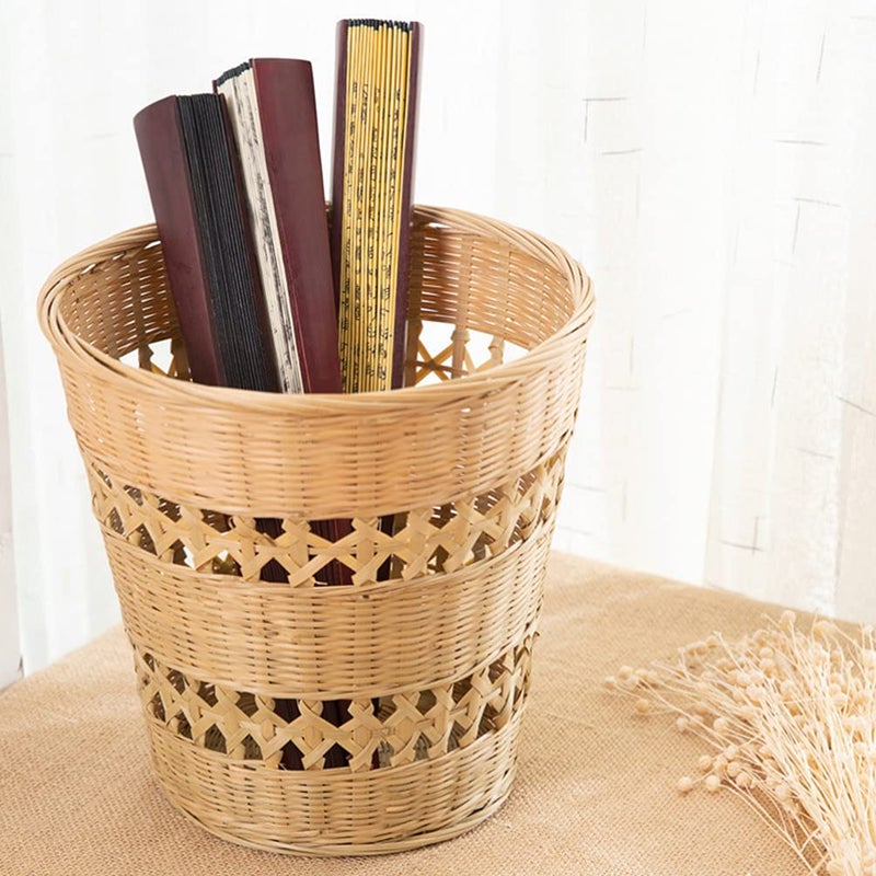 woobles Bamboo Woven Wastebasket Round Trash Can Wicker Waste Basket Garbage Container Bin for Bathrooms Kitchens Home Offices (Wood Color) - Image 2