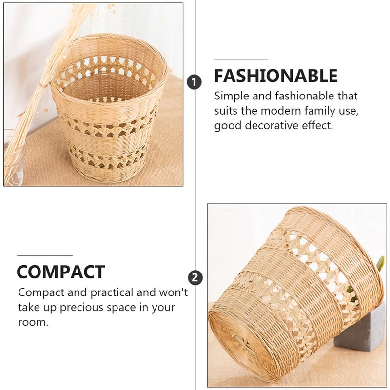 woobles Bamboo Woven Wastebasket Round Trash Can Wicker Waste Basket Garbage Container Bin for Bathrooms Kitchens Home Offices (Wood Color) - Image 4