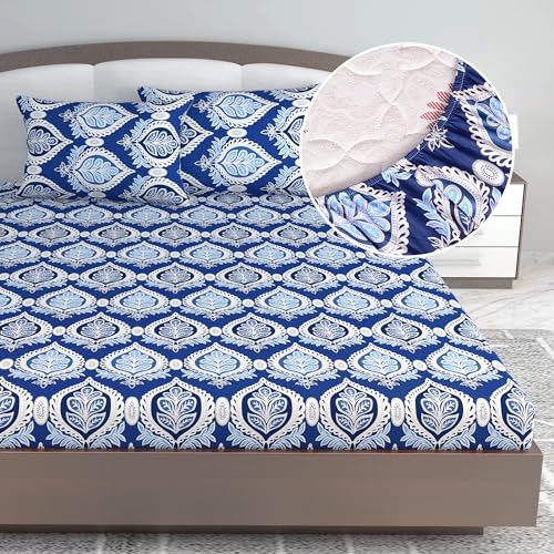 Divine Casa 144 TC Floral Blue 100% Elastic Fitted Printed King Size Double Bed Bedsheet with 2 Pillow Cover for Bedroom - 78 x 72 inches - Image 1