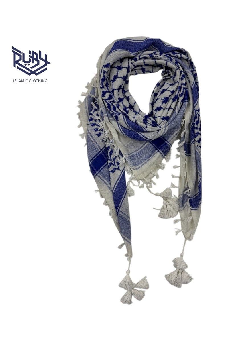 روبي للملابس الإسلامية شال شماغ كوفية عربي تقليدي للرجال | غطاء رأس ولف للوجه في صحراء الشرق الأوسط | إكسسوارات ملابس عربية ثقافية - متعددة الاستخدامات وخفيفة الوزن (أزرق وأبيض) - Image 1