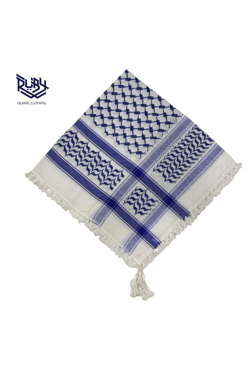 روبي للملابس الإسلامية شال شماغ كوفية عربي تقليدي للرجال | غطاء رأس ولف للوجه في صحراء الشرق الأوسط | إكسسوارات ملابس عربية ثقافية - متعددة الاستخدامات وخفيفة الوزن (أزرق وأبيض) - Image 2