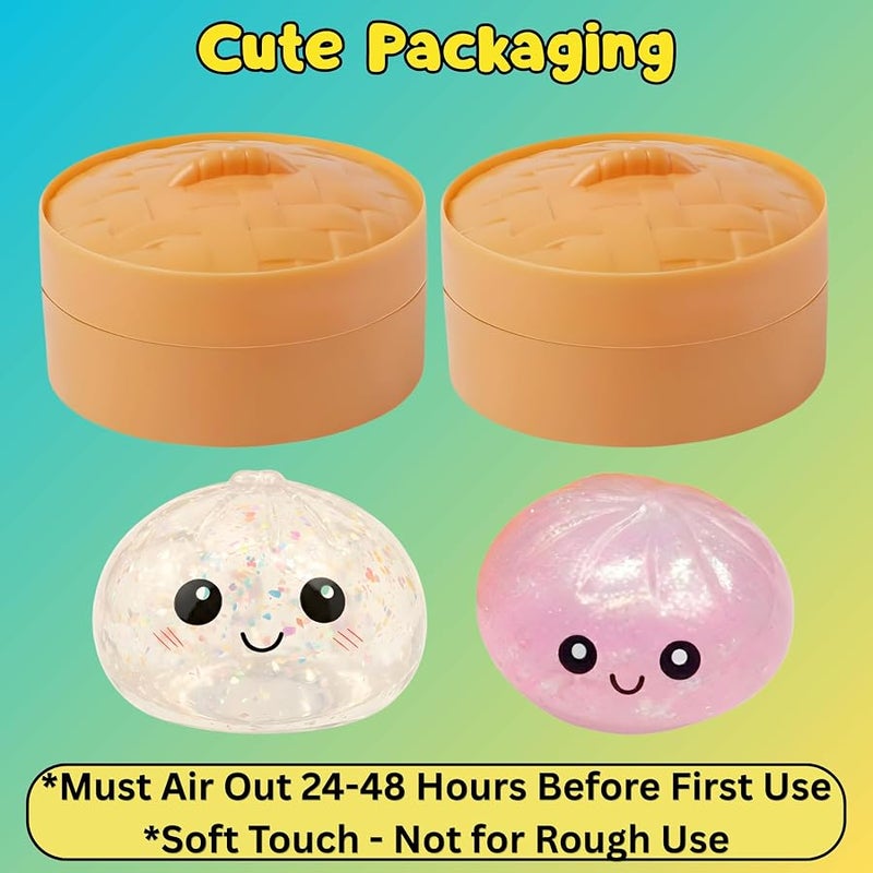 Lemoneon Glitter Dumpling Squishy Mystery Box 4 Pcs - 2026 Upgraded Dumplings Squishes for Adults Teens Squeeze Easter Basket Stuffers Smiling White and Pink - Sad Blue - Confused Gold - Image 3