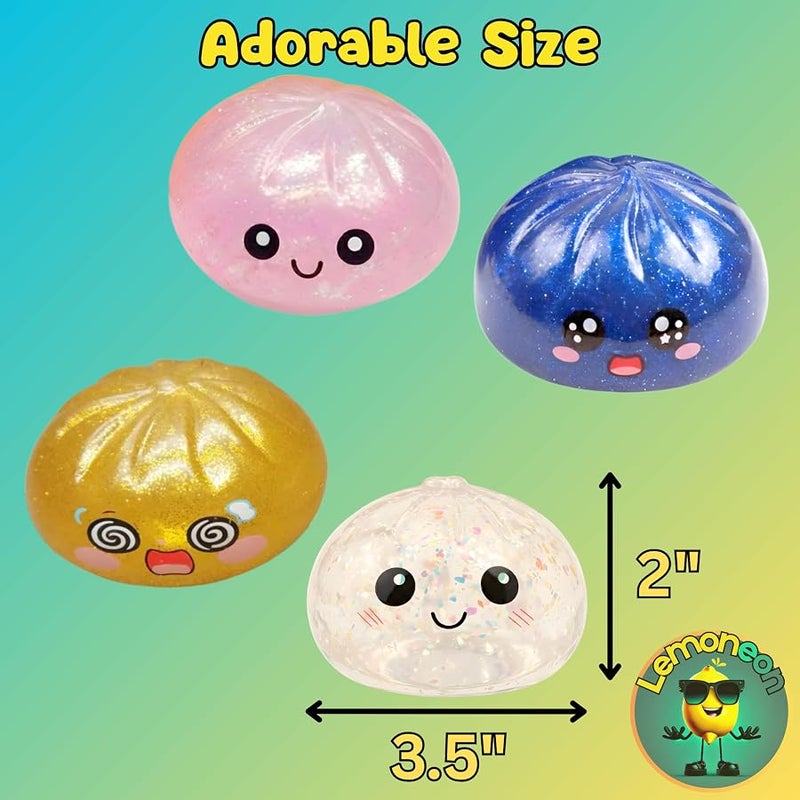 Lemoneon Glitter Dumpling Squishy Mystery Box 4 Pcs - 2026 Upgraded Dumplings Squishes for Adults Teens Squeeze Easter Basket Stuffers Smiling White and Pink - Sad Blue - Confused Gold - Image 2